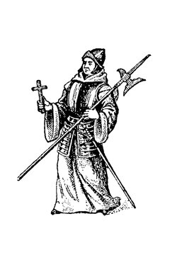 Ligueurs, medieval monk in religious attire holding a cross and polearm, symbolizing faith and strength during French Wars of Religion, old vintage illustration, 1897.