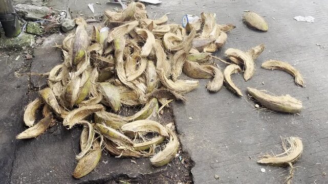 Close up of organic coconut fiber waste in an outdoor area