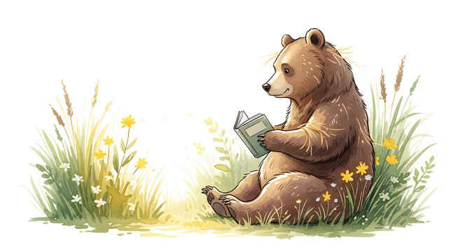 World book day illustration bear enjoying a book in nature