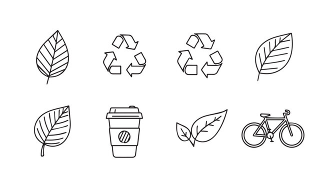 Eco Icons: Leaves Recycling Coffee Cup BicycleClean Line Art