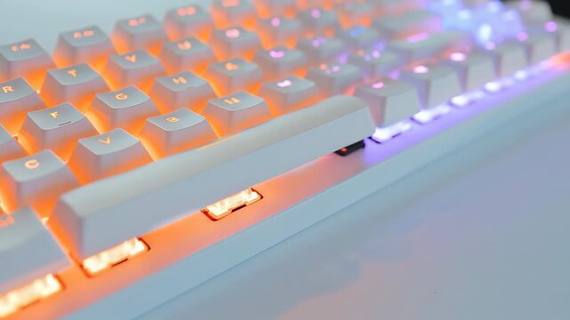 An ergonomic gaming keyboard with vibrant backlighting on a modern desk setup