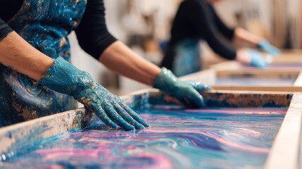 Obraz premium Artist's hands creating marbled rainbow acrylic pour art
