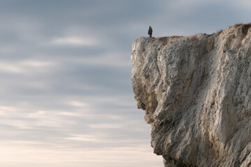 Fototapeta premium breathtaking coastal cliff in argentina at sunrise captures lone figure standing atop rugged edge