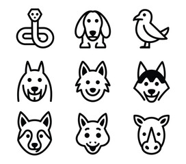 Naklejka premium A set of simple line drawings featuring various animal faces and a snake on a white background