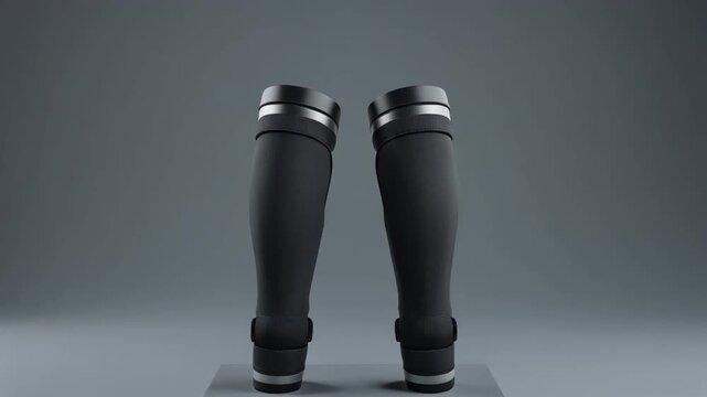 The Padded Shin Guard. Soccer/Football Merchandise Mockup (No Brand, No Logo). Safety Gear. A pair of sleek, all-black unbranded shin guards standing symmetrically, set against a solid neutral grey
