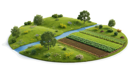 Serene farmland with river and cultivated fields © Nilini