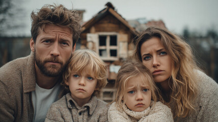 Fototapeta premium Concerned Family Portrait. - Parents and Children Facing Housing Uncertainty in Front of a Modest Wooden Home.