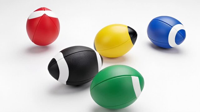 Collection of Colorful Rugby Balls Arranged on a White Background for Sports Recreation