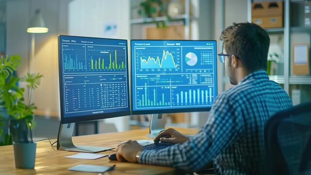Concentrated man analyzing complex data on multiple computer screens