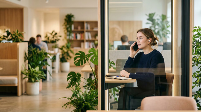 Young woman taking a phone call while seated in a quiet glass office booth with laptop notebook and plants nearby