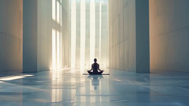 Person meditating in a sunlit, modern space for tranquility