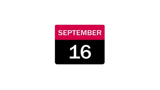 A clean, modern calendar page design displaying September 16th, featuring a red header and black body, isolated on a white background, perfect for scheduling, reminders, or date-based web graphics.