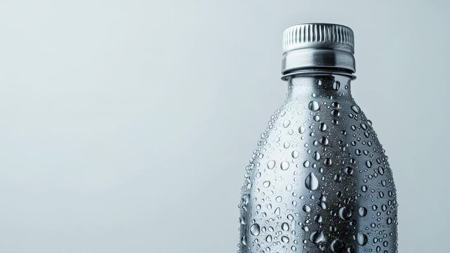 Droplets of water condense on a stainless steel bottle against a grey backdrop