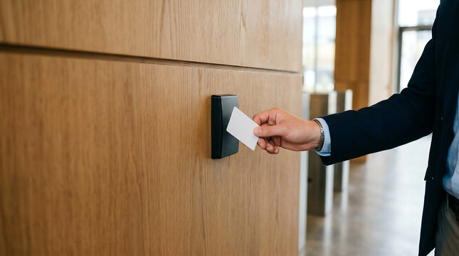 Close up of a professional using an access card on an office entry reader at a modern corporate lobby