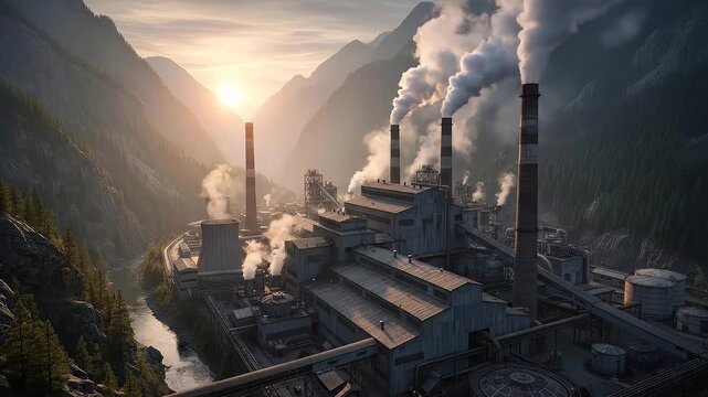 Industrial Factory Smokestacks in Mountain Valley at Sunrise