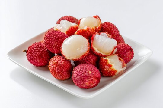 Fresh lychees, peeled and arranged, sit on a white plate