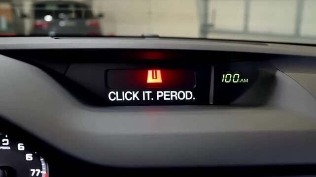 Car dashboard with warning message.