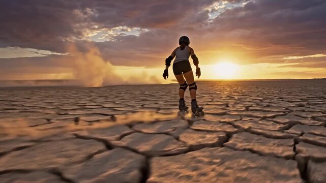 Rollerblading Silhouette Against a Dramatic Sunset Over Cracked Earth.