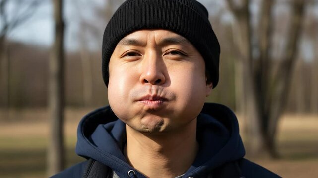 Man with puffed cheeks and closed eyes, outdoor portrait, winter clothing