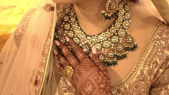 An Indian bride showing Kundan jewellery at her wedding in India