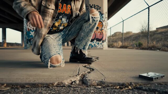 Urban Graffiti Artist Squatting Under Bridge.
