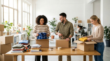 Obraz premium Diverse coworkers packing donated clothes and supplies into boxes together in a bright office teamwork scene