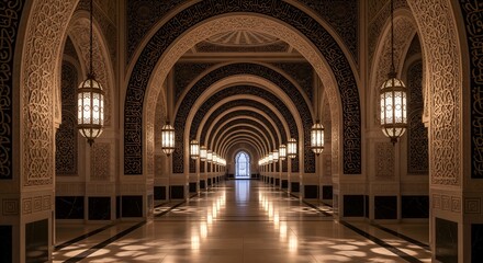Obraz premium Elegant arched hallway with ornate details and soft lighting perspective