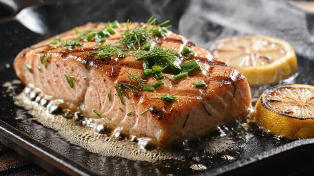 Perfectly grilled salmon fillet with fresh herbs and zesty lemon slices sizzling on a hot skillet, a delicious and healthy seafood meal ready to be enjoyed