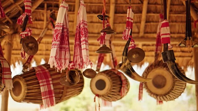 Traditional Assamese bihu festival instruments including dhol pepa and gamosa displayed