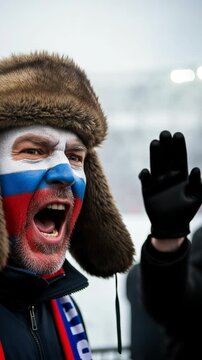 Emotional adult man with national flag face paint and ushanka hat shouting at cold outdoor arena