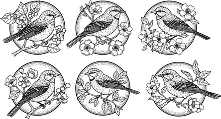 Birds Perched on Branches with Blossoms Vector Illustrations © Ishtiaq