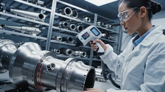 Scientist Inspecting Advanced Industrial Component in Laboratory.