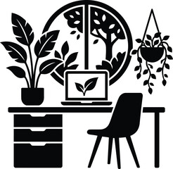 Fototapeta premium Green Office and Wellness Workspace Minimalist Silhouette Icon