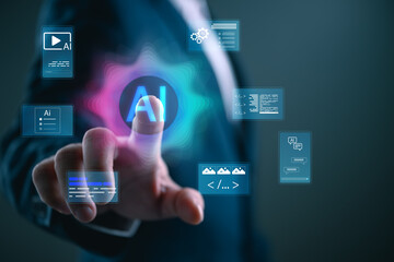 Fototapeta premium Person touching AI interface with glowing digital icons, artificial intelligence technology, automation, data processing, coding systems and future innovation in modern digital transformation.