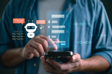 Fototapeta premium Man using smartphone with AI chatbot interface, virtual assistant messages. Concept of artificial intelligence communication, customer support automation, digital technology, smart mobile interaction.