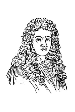 Jean-Baptiste Lully (1632-1687), Italian-French composer, man with intricate curls and ornate Baroque clothing, reflecting elegance and sophistication, old vintage illustration, 1897.