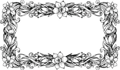 Obraz premium Floral Border Design with Daffodils and Leaves Vector