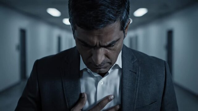 Man in Suit in Dark Hallway Expressing Distress.