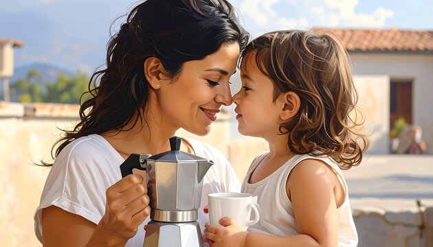 A loving mother and her child share a tender moment, noses touching, sunlight illuminating their faces as they hold coffee items