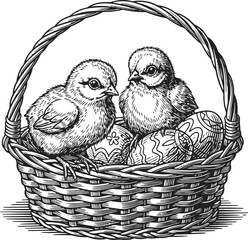 Two Chicks and Easter Eggs in Basket Vintage Illustration Spring Holiday © Ishtiaq