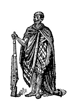 Malgache warrior with rifle, traditional patterned cloak, holding long weapon, standing portrait, old vintage illustration, 1897.