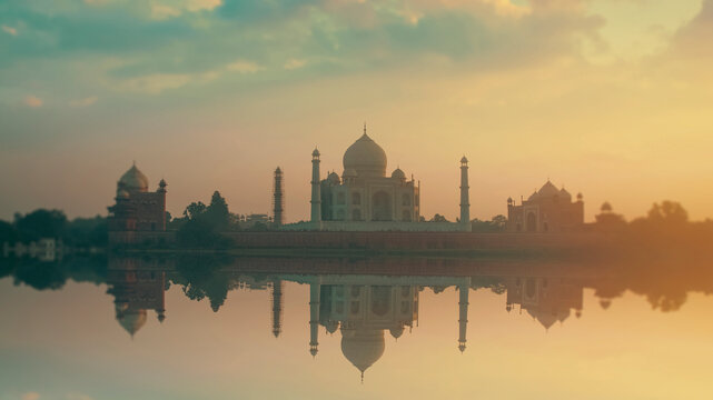 Taj Mahal reflected in Yamuna river at golden sunrise with copy space