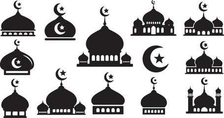 Fototapeta premium Islamic Mosque Silhouette Icons with Crescent Moon Symbols