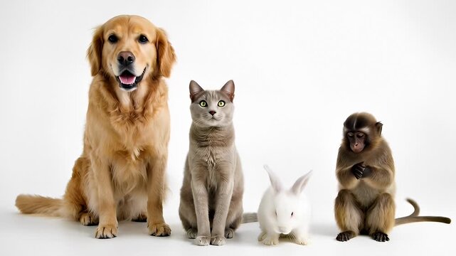 Diverse Group of Animals - Golden Retriever, Cat, Rabbit, and Monkey Posing Together