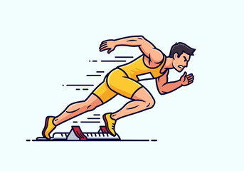 Fototapeta premium Male runner in yellow uniform positioned on starting blocks for a sprint race