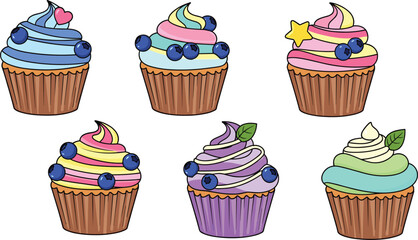 Set of colorful cartoon cupcake characters with swirl frosting topped with blueberries stars hearts and mint leaves. © Mukta  Creative