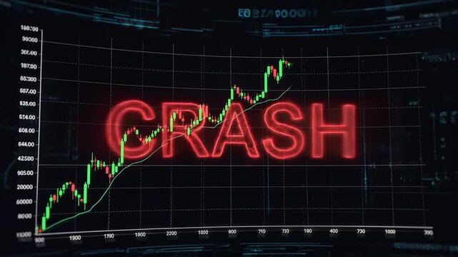 Gleaming red 'CRASH' text signals a drastic stock market decline on a dark digital display