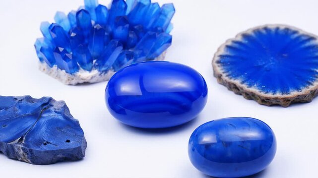 Vibrant Blue Gemstones and Crystals Displayed on a Clean White Surface, Close-Up Studio Shot