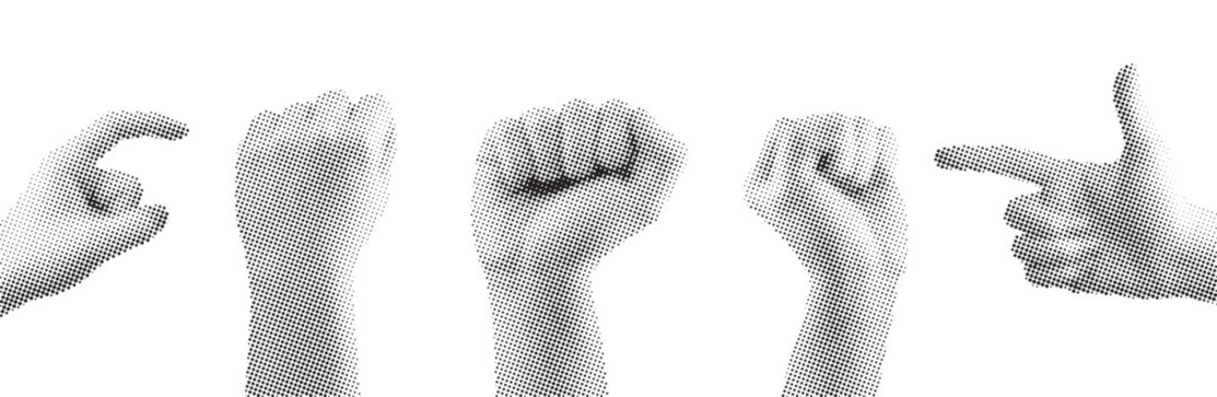 Collection of Five Diverse Hand Gestures and Poses, Isolated on White Background: Fist, Pinch, Pointing, and Thumbs Up