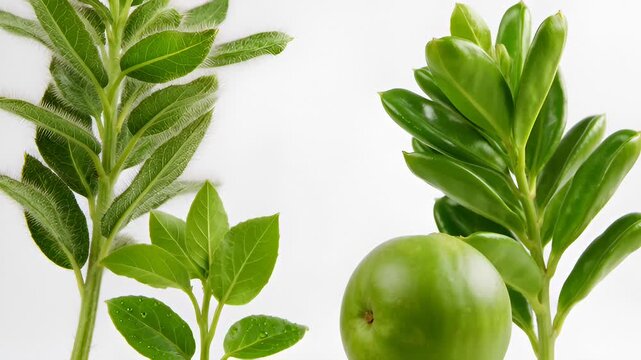 Close-Up of Fresh Green Leaves and a Smooth Green Orb on a White Background